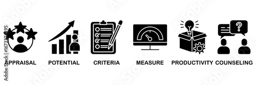 Performance review icon set vector illustration concept with icon of employee job performance evaluation with an icon of appraisal, potential, criteria, measure, productivity, and counseling