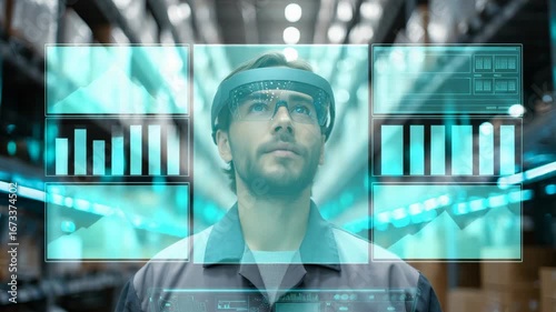 A modern warehouse worker using a sleek holographic interface in a high-tech logistics facility, wearing AR glasses, surrounded by smart shelves and autonomous robots, illuminated by cool LED lights