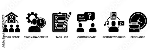 Work from home icon set vector illustration concept with icon of wfh with icon of workspace, time management, task list, communicate, remote working and freelance