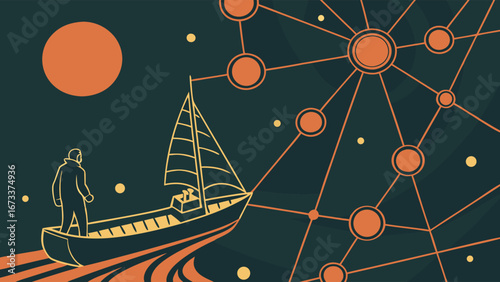 Abstract illustration of a person on a sailboat navigating a network of connections under a large celestial body.