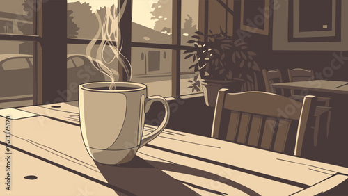 A cup of coffee in a cozy cafe window seat.