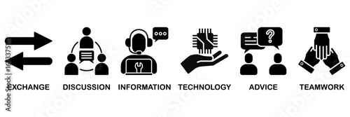 Communication icon set vector illustration concept with icon of exchange, discussion, information, technology, advice, and teamwork