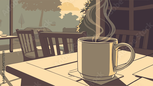 Steaming Coffee Mug on a Table in a Cafe Setting.