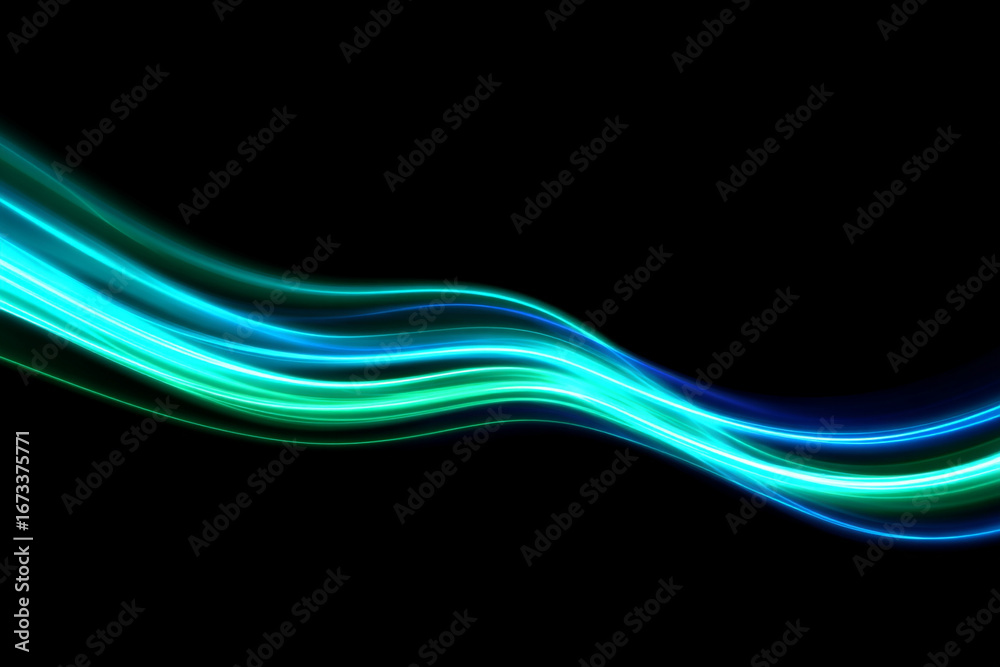 Obraz premium Abstract glowing teal and blue light streaks wave design on black background