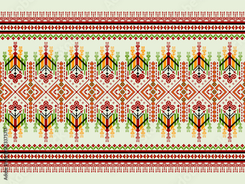 Geometric pixelated Arabic patterns on the fabric reflect the ornate and ethnicity,grid floral,grid colourful, backgrounds, seamless grid design for carpet,textile,textured,wallpaper,print,decorate