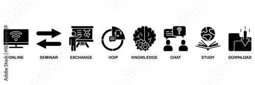 E-learning icon set vector illustration concept with icon of online, seminar, exchange, voip, knowledge, chat, study and download