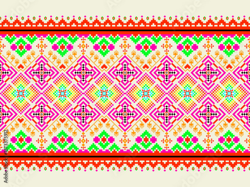 The pixel arrangement is geometric, floral and has bright, eye-catching colors that give a lively feeling.