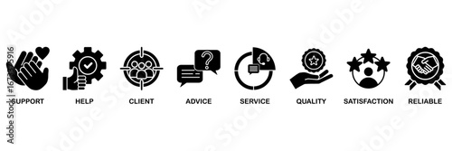 Customer care icon set vector illustration concept with icon of customer support and telemarketing service with an icon of help, client, advice, chat, service, reliability, quality, and satisfaction