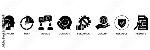 Customer service icon set vector illustration concept with icon of support, help, advice, contact, feedback, quality, reliable, results