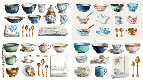 Watercolor vintage porcelain tea set with cups, saucers, teapots, spoons, and napkins. Elegant hand-drawn illustration for kitchen design, tea time, and classic decor projects.