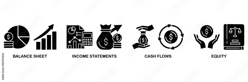 Fototapeta premium Financial statements icon set vector illustration concept with icon of graph, balance sheet, pie chart, income statements, money, calculator, income, earning, cash flow, equity, and balance