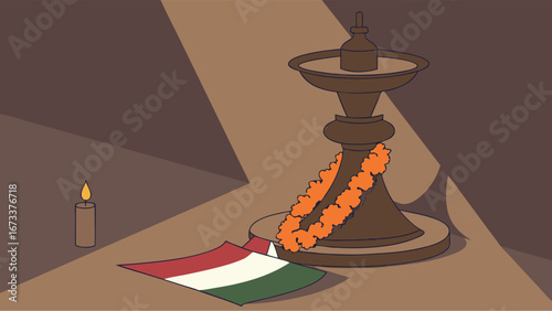 Ceremonial Illustration of Object with Candle Garland and Flag.