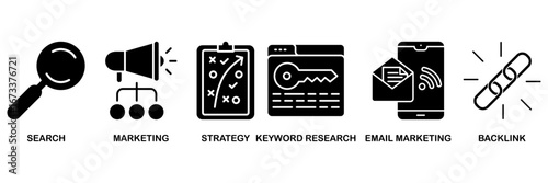 Seo marketing icon set vector illustration concept with icon of search, marketing, strategy, keyword research, email marketing, backlink