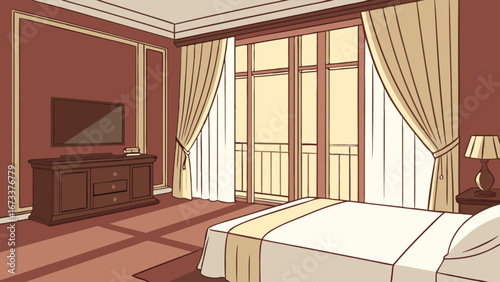 Modern Hotel Room Interior Elegant Bedroom Design Comfortable and Luxurious Accommodation Flat Style Illustration.