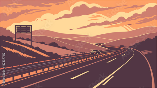 Highway Landscape with Vehicles and Cloudy Sky.