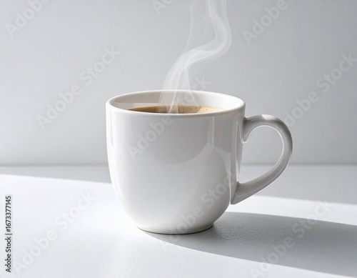 A fresh cup of hot coffee with aromatic steam rising in a simple, minimalist morning setting