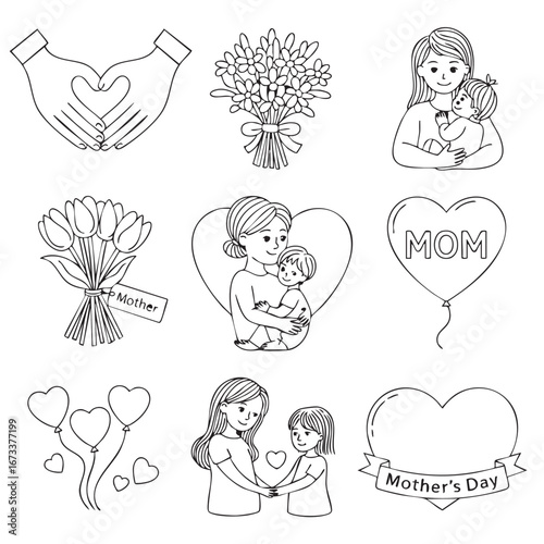 Collection of charming hand drawn Mothers Day illustrations featuring mothers and children heart symbols and bouquets conveying love and appreciation for maternal figures