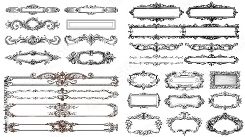 Collection of vintage ornamental frames and divider elements in baroque style. Elegant design set for certificates, invitations, luxury cards, and decorative borders.