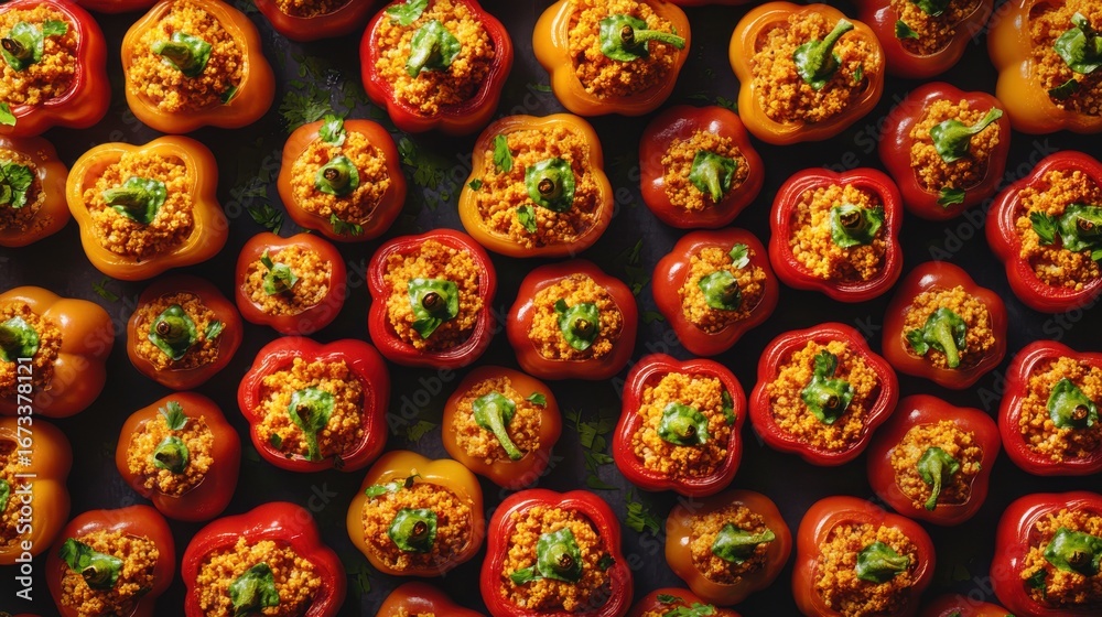 Fototapeta premium Overhead view of stuffed bell peppers in vibrant colors, culinary delight