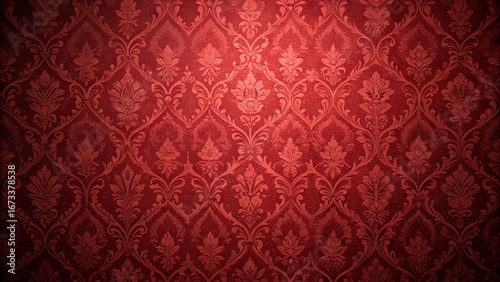 Elegant deep red damask pattern background with vintage floral and leaf design