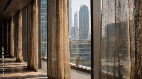 Beige linen curtains framing a city view.