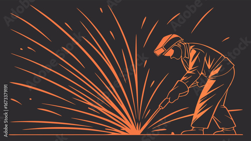 Worker using welding torch sparks industrial construction manufacturing design element.