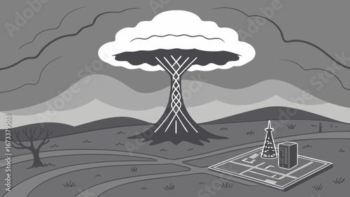 Stylized illustration of a nuclear explosion over a rural landscape with a cellular tower and building.