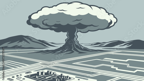 Illustration of a Nuclear Explosion Above a Circuit Board and a City.