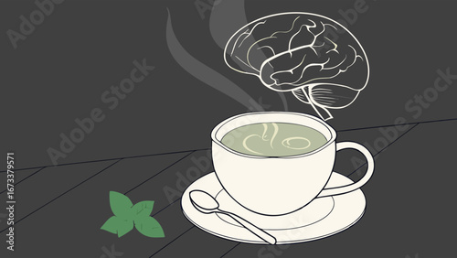 A cup of tea with a brain above it.