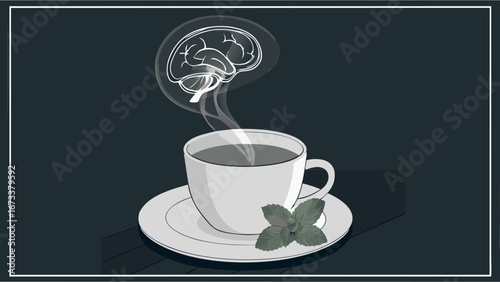 Steaming Cup of Tea with Brain Illustration Herbal Drink Mind Wellness Concept.