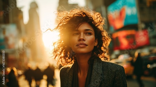 A woman with curly hair stands in times square at sunset, bathed in golden light