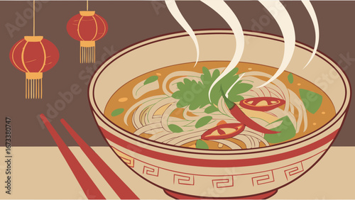 A bowl of delicious Asian soup with chopsticks and lanterns.