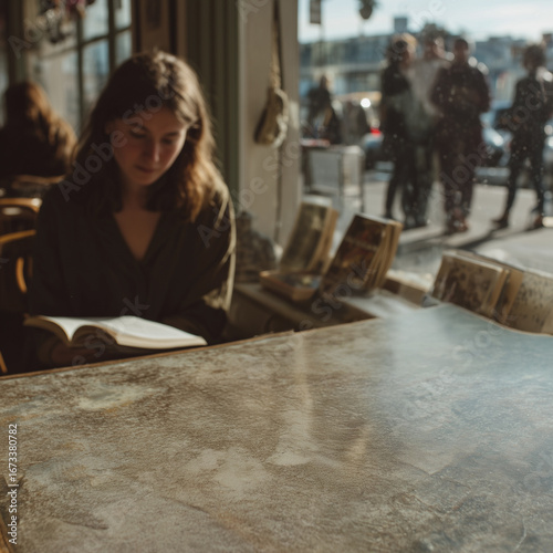 Wallpaper Mural Sunlit Café Window Product Mockup — Rustic Textured Table Copy Space, Woman Reading
 Torontodigital.ca
