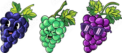 trio of colorful grape cartoon characters with various expressions in a bright, vintage style mascot vector illustration, reflecting a cheerful and lively summer vibes