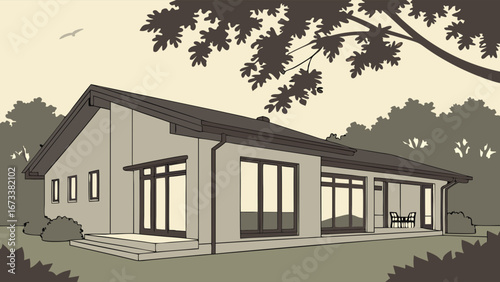 A Modern House Exterior Illustration with Patio.