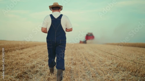 Harvesting ripe rye or wheat in ecological region, farmer walking in farmland. Agricultural lifestyle and rural scenery, countryman enjoying work and simple life in country, rear view of agronomist