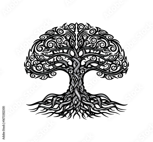 Intricate black and white tree design
