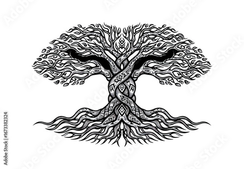 Intricate black and white tree graphic design