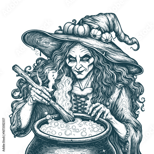 Vector art of a wicked witch is stirring a bubbling cauldron with a wooden stick