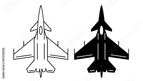 Military fighter jet top view silhouettes in two distinct styles. A precise black outline vector on the left and a bold solid black silhouette on the right. Aerodynamic wings, twin tail stabilizers