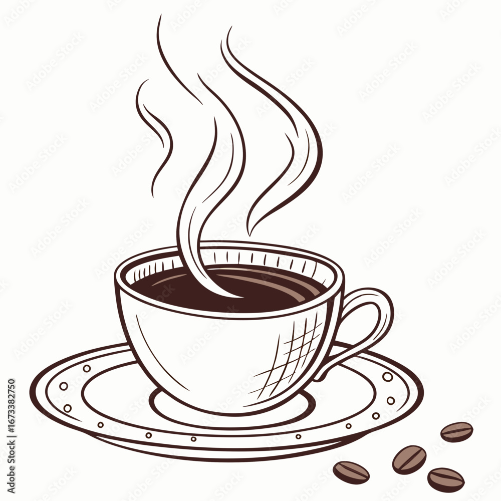 Obraz premium Vector art of a steaming cup of coffee with coffee beans is a perfect start to the day