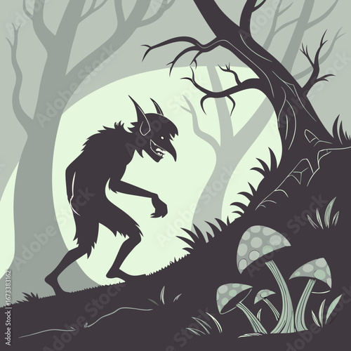 Vector art of a spooky goblin silhouette lurks in a dark forest with mushrooms gnarled trees in the moonlight