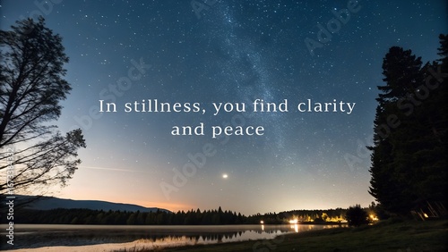Night sky with stars and a lake, inspiring quote about stillness and peace.