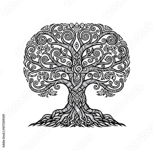 Ornate black and white tree design
