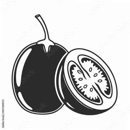 Illustration of a whole halved tamarillo, its vibrant color