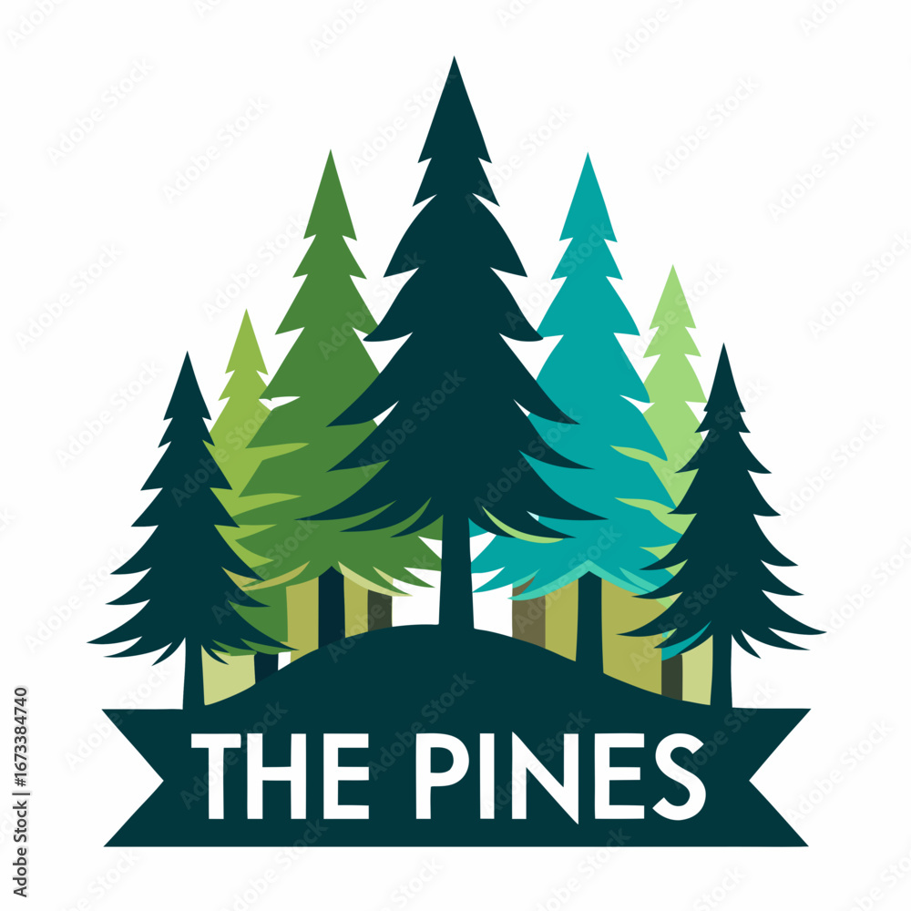 Obraz premium Illustration of a forest of pine trees with the text the pines