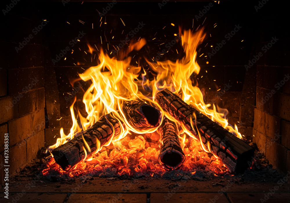Obraz premium Cozy fireplace with burning logs creates warmth and inviting ambiance for winter nights
