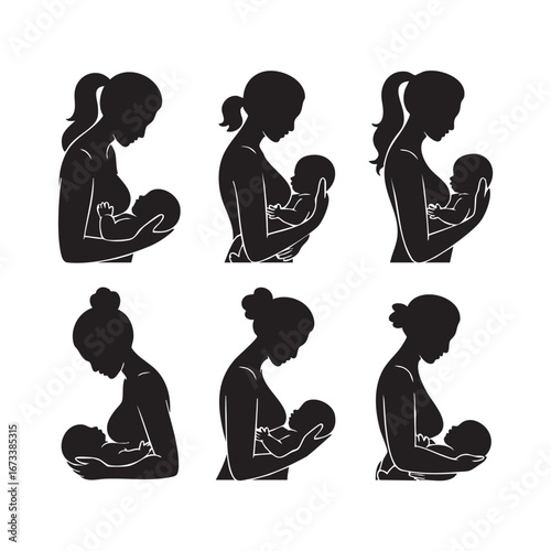 Silhouette Illustrations Depicting Mother Breastfeeding Her Baby in Various Poses Sharing a Special Bond and Showing Love and Affection with Ponytail and Bun Hairstyles