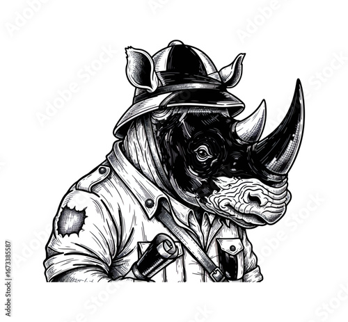 Rhinoceros illustration wearing hat and clothing