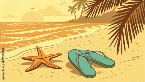 Summer Beach Scene Starfish Flip-Flops Sunset Palm Trees Ocean Waves Illustration.